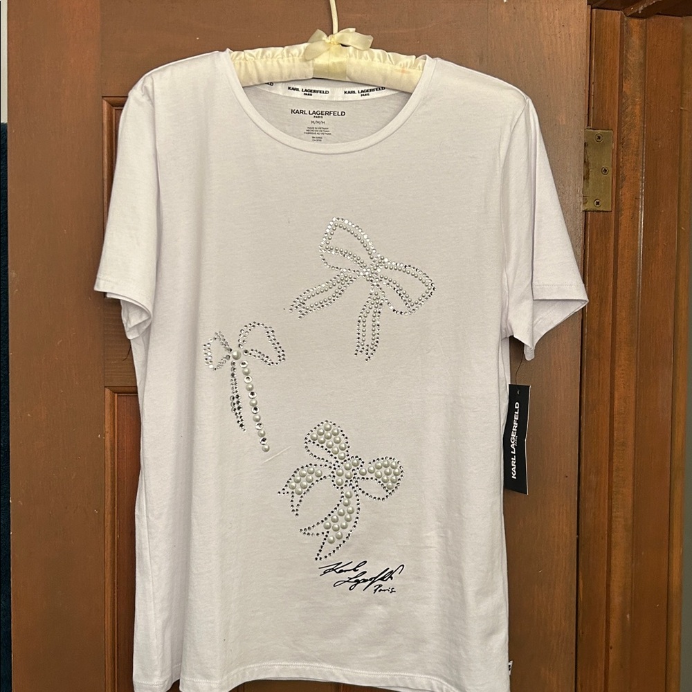 Karl Lagerfeld White Tee with Rhinestone Bows